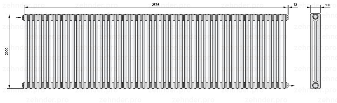 Схема (чертеж) Радиатор Zehnder Charleston 3200/56 №1670 Белый глянцевый RAL 9016